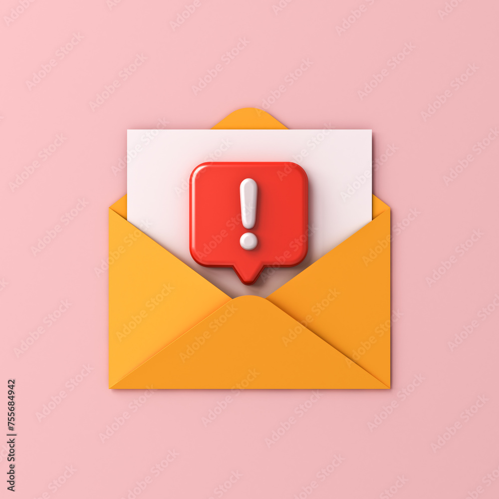 Leinwandbilder 3d warning e-mail sign icon concept exclamation mark pop-up on social media notification yellow envelope mail isolated on pink pastel color background 3D rendering