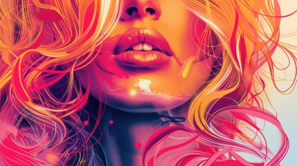 A close up of a woman's face with pink hair