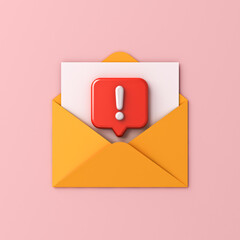 3d warning e-mail sign icon concept exclamation mark pop-up on social media notification yellow envelope mail isolated on pink pastel color background 3D rendering