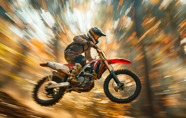 A motocross rider catches air mid-jump with a whirl of autumn colors in the background, evoking a sense of freedom and excitement..