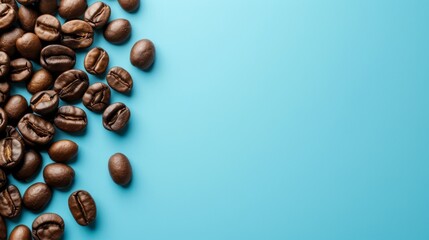 This vibrant image showcases a scattering of aromatic coffee beans on a striking blue backdrop, creating a sense of rejuvenation and tranquility within a contemporary cafe setting. - obrazy, fototapety, plakaty