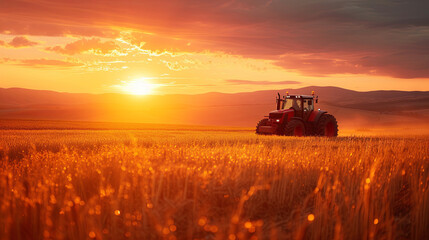 Fototapeta premium A tractor is operating within the agricultural field on the sunset, cultivation grain concept 