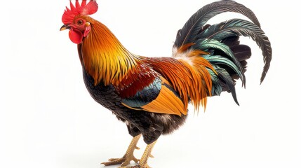 Fototapeta premium The isolated rooster is in white. Mature roosters ready for slaughter. Roosters are ready to fight. Created with Generative AI.