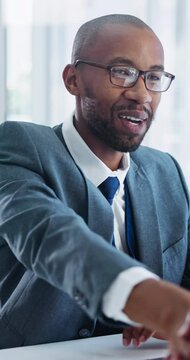 Business man, meeting and handshake in office for welcome, introduction and success on job opportunity. Professional advisor, accountant or african employee shaking hands with client for an agreement
