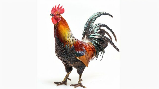 A rooster in a combination of red, black, and orange stands isolated on a white background. Created with Generative AI.