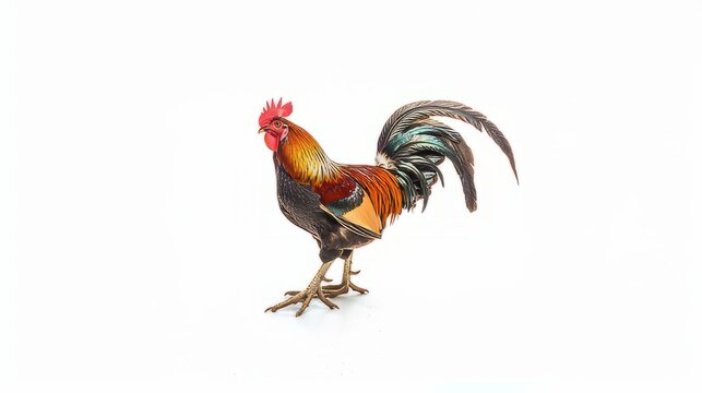 Portrait of a rooster walking in a white room. The rooster is a combination of black, red ,and orange. Created with Generative AI.