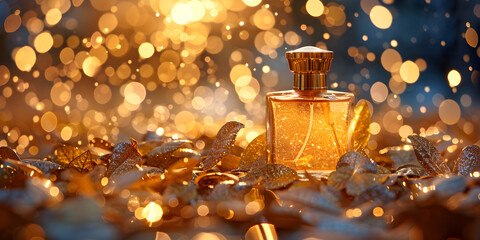 Exquisite Perfume Bottle with Golden Liquid and Glittering Glass,Golden Liquid Perfume Bottle with Glittering Glass - obrazy, fototapety, plakaty
