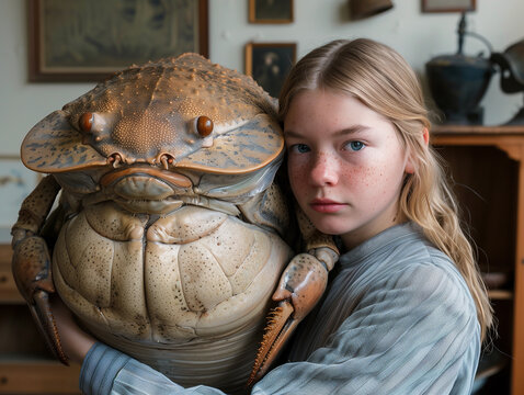 Dziewczyna przytula wielkiego robaka