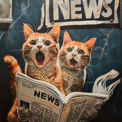 Zszokowane koty przeglądające najnowsze nowości w gazecie - obrazy, fototapety, plakaty