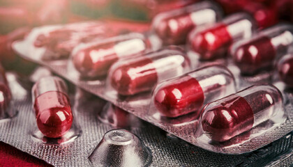 Red capsule pills in blister pack. Pharmaceutical industry. Drug package. Medical care and treatment.