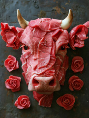Głowa krowy zrobiona z surowego mięsa - obrazy, fototapety, plakaty