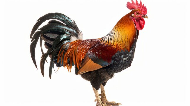 A rooster in a combination of red, orange, and black is isolated in a white room. A rooster for your design material. Created with Generative AI.