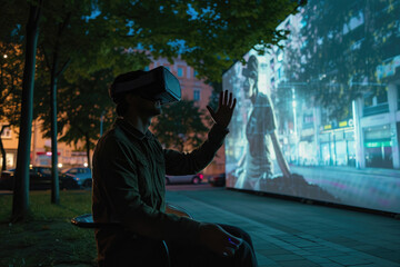 a man sits on the street, with virtual glasses in front of them, a screen projection, watching a movie, relaxing, working