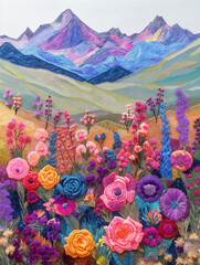 Ilustracja, krajobraz górski z kwiatami - obrazy, fototapety, plakaty