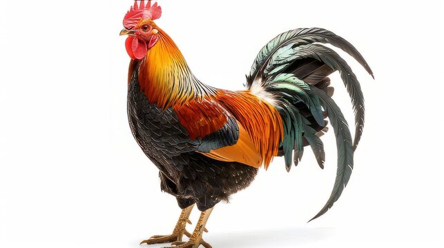 A big strong rooster, a fighting rooster, not a broiler. A real rooster. Red-browed rooster. Created with Generative AI.