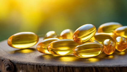 Capsules of fish fat oil Omega 3. Vitamin E on wooden table. Healthy food diet. Nutritional supplement.