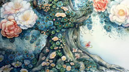 Drzewo fantasy z kwiatami - obrazy, fototapety, plakaty