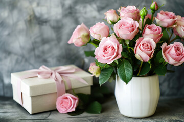 Bouquet of pink roses in vase and gift box.