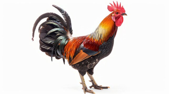 A symbol of a man's courage and masculinity, a large, mature rooster. A symbol of masculinity. The rooster is isolated in the white background. Created with Generative AI.