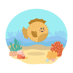 hedgehog fish sea animal against the backdrop of a sea or ocean landscape. Vector illustration