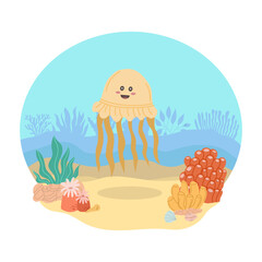 Yellow jellyfish, sea animal against the backdrop of a sea or ocean landscape. Vector illustration