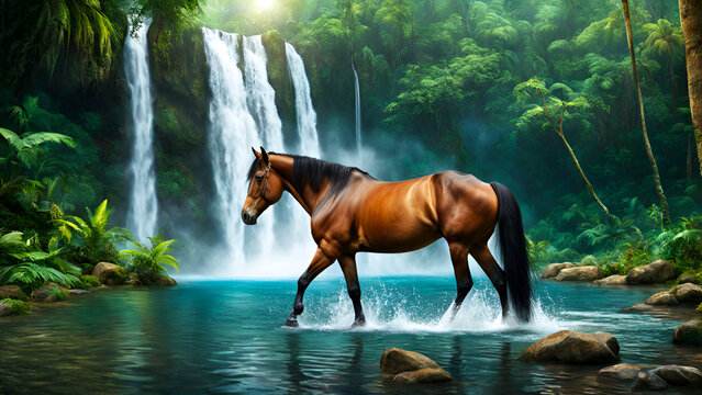 Horse wading through a river in front of a waterfall.