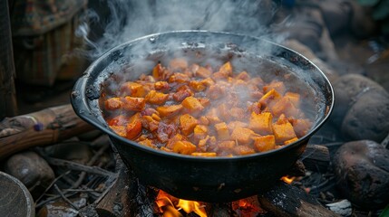 A pot of food cooking over an open fire