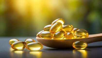 Capsules of fish fat oil Omega 3. Vitamin E in wooden spoon. Healthy food diet. Nutritional supplement.