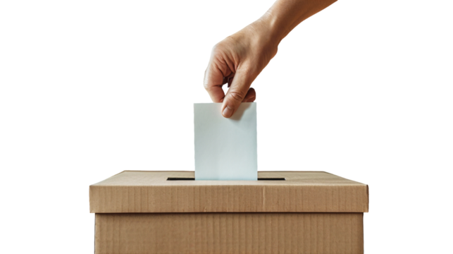 Hand holding a piece of paper to put on the box, isolated on white background