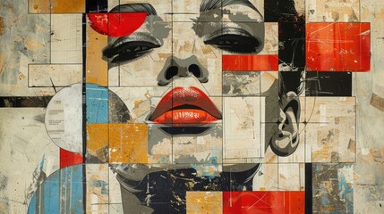 Pop Art Collage. A woman's face artfully integrated into a retro trendy paper collage composition. Modern art with a nod to vintage aesthetics, blending bold colors, textures, and patterns.