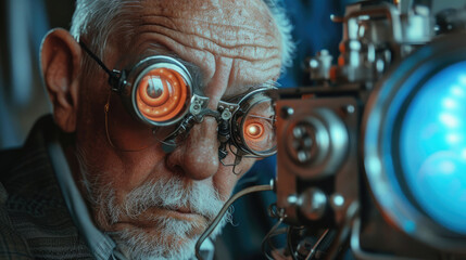 close-up, old gray-haired grandfather in glasses with glass, a mad scientist looking into the device