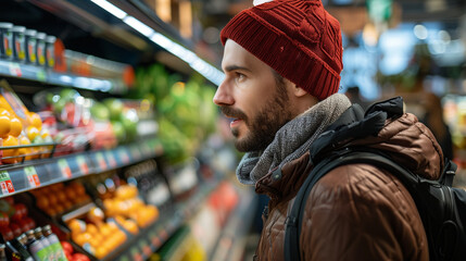 Close up rearview photography of a man in a supermarket or grocery store looking at the shelf full of products, comparing prices and choosing what to buy, male customer behavior in a grocery shopping