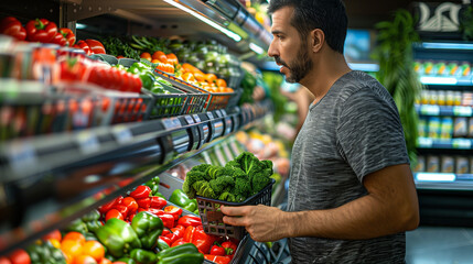 Close up rearview photography of a man in a supermarket or grocery store looking at the shelf full of products, comparing prices and choosing what to buy, male customer behavior in a grocery shopping - obrazy, fototapety, plakaty