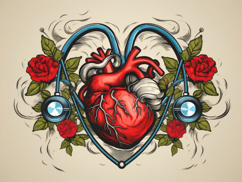 recommend clip art: Colorful illustration of a big heart and a stethoscope. Interesting design. Health protection. Cardiology. World Health Day. Medical Worker's Day