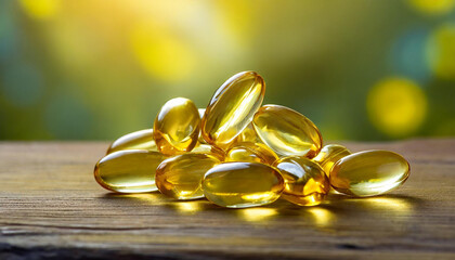 Capsules of fish fat oil Omega 3. Vitamin E on wooden table. Healthy food diet. Nutritional supplement.