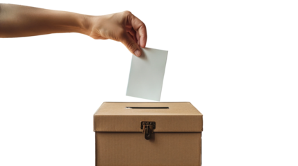 Hand throwing a piece of paper on the box, isolated on transparent background