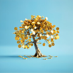 Conceptual photo of a tree made of gold coins and dollars isolated on the blue background. Creative investment concept wallpaper