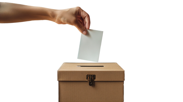 Hand throwing a piece of paper on the box, isolated on transparent background