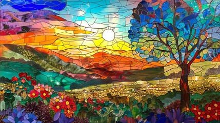 sun landscape stained glass window