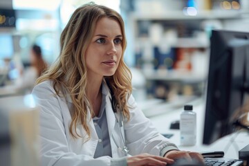 Picture of an intelligent blonde woman in a lab coat, focused while using a computer in a clinical lab, stethoscope around her neck, embodying cutting-edge medical research. Generated AI