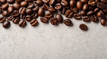 Close-up of oily dark-brown coffee beans piled in a random pattern on a white background. Well-lit with shallow depth of field, highlighting the rich texture and color of the beans. - obrazy, fototapety, plakaty