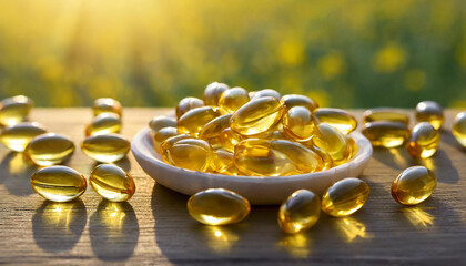 Capsules of fish fat oil Omega 3. Vitamin E in plate. Healthy food diet. Nutritional supplement.