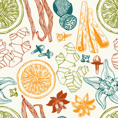 Hand-drawn herbs and spices background. Vinatge food seamless pattern. Kitchen spices sketches for packaging, fabric, menu, labels. NOT AI generated