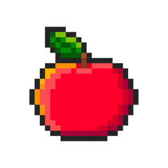 Pixel red apple isolated on white background. Pixelated sticker. Slot machine or video game item. Fruit icon. Vector pixel art illustration in 8 bit old style.