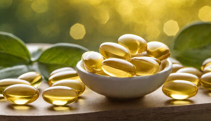 Capsules of fish fat oil Omega 3. Vitamin E in plate. Healthy food diet. Nutritional supplement.