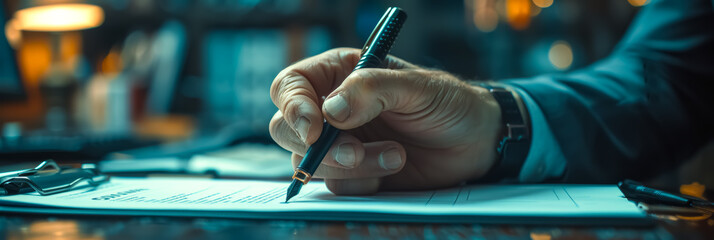 Close-up of a businessman's hand holding a pen over a contract or agreement paper, reading and checking financial documents or contracts before signing