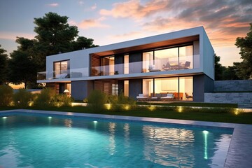 Modern House with Pool and Green Garden, Serene Sunset Retreat