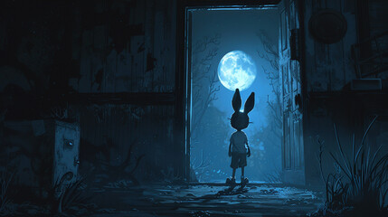 The eerie glow of the moonlight reveals a boy confronting a malevolent bunny in the spooky corridors of the haunted house.