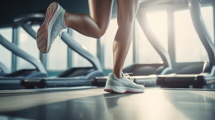 Cropped photo of Women's legs in white sneakers running on a treadmill in the gym. Cardio...
