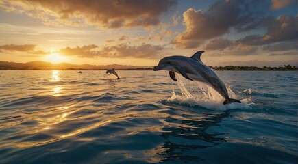 dolphin jumping at sunset Ai Generative 